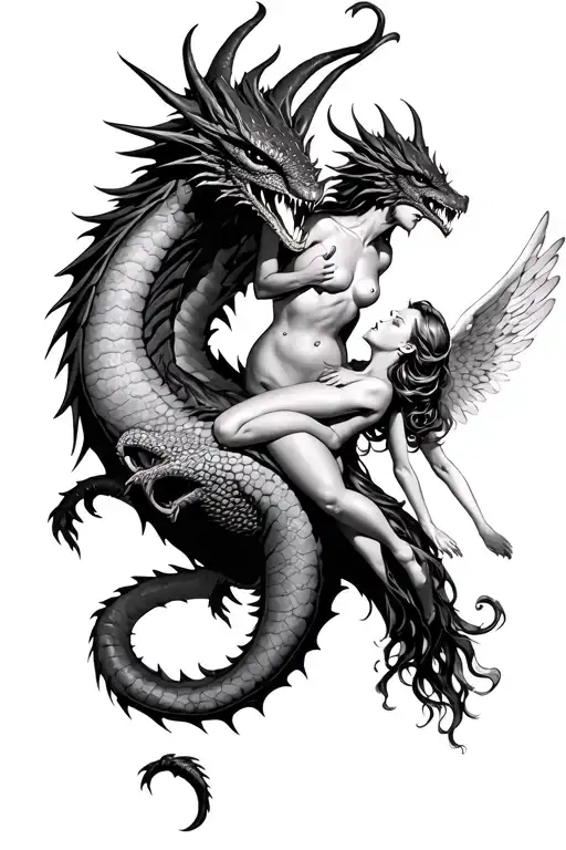 Sexy Demon And Angel Flying About To Be Swallowed By A Dragon