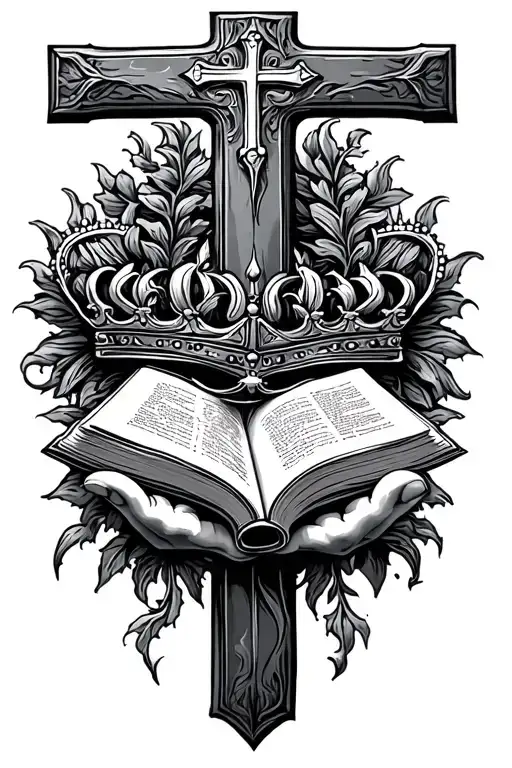 Christian Cross With Crown Holding Book In Hands