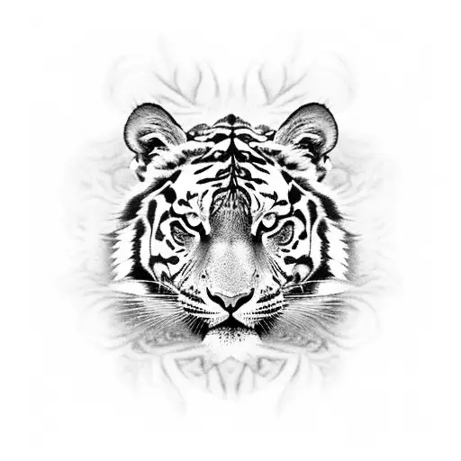 An Intricate Black And Grey Tattoo Depicting A Majestic Tiger Camouflaged Within A Dense Woodland