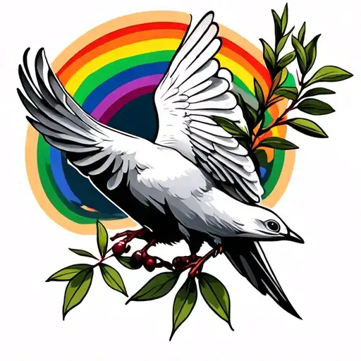 Rainbow Behind Dove Holding An Olive Branch In Its Beak Realistic