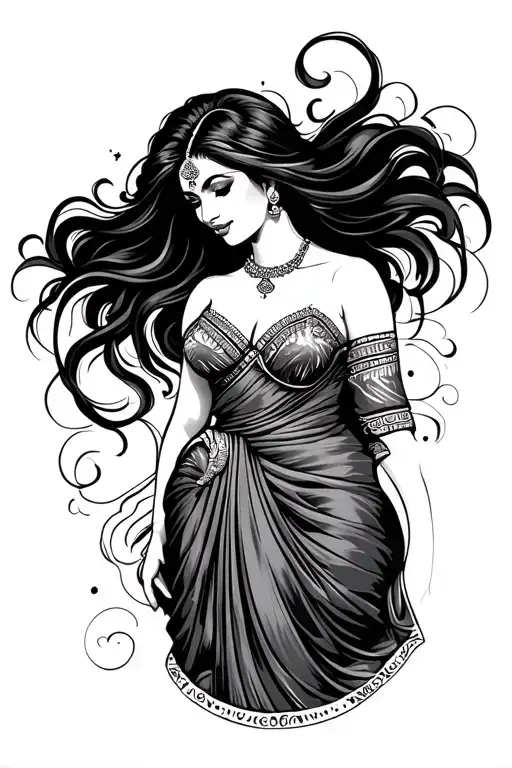 South Asian Woman With Long Black Hair Wearing Sari Pin Up Style