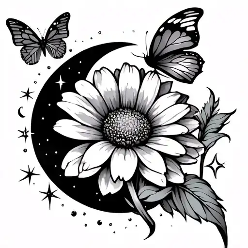 Marigold Flower With A Butterfly And Moon With Sparkles Around