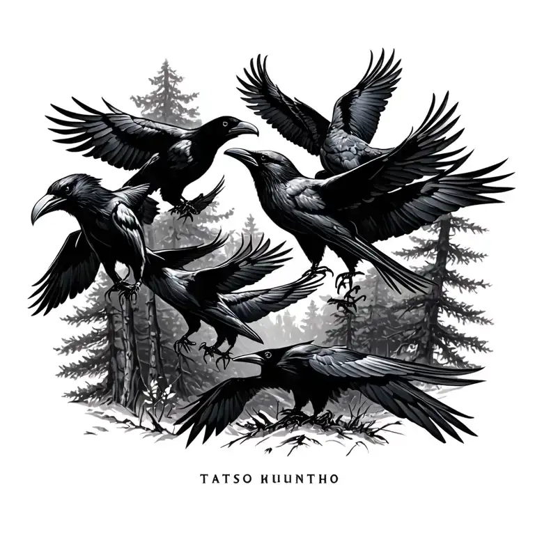 Flock Of Ravens In A Forest