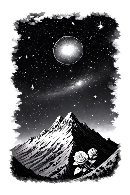 A Small Mountain With A Galaxy Scene Surrounding It And A Rose In The Stars
