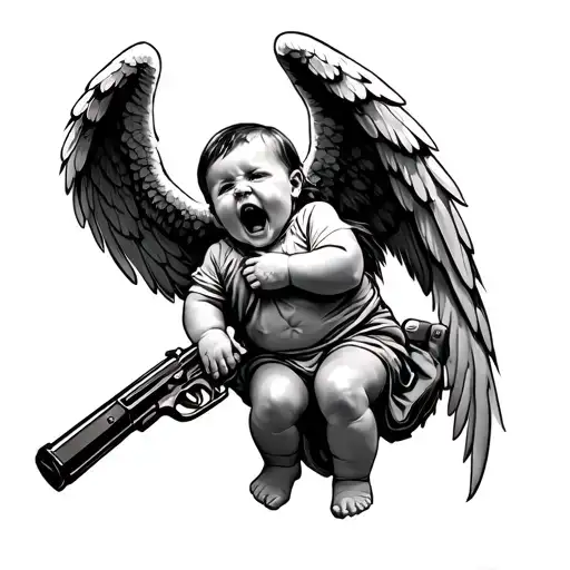 Angel Wings With A Baby Holding A Gun And Screaming