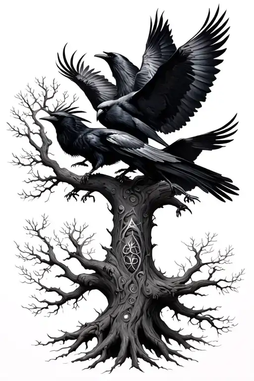 Yggdrasil Tree With 2 Ravens Flying