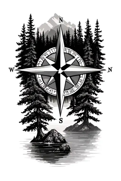 Detailed Compass Rose Surrounded By Forest On Top And Lake On Bottom