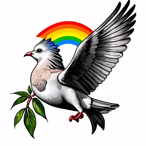 Rainbow Behind Dove Holding An Olive Branch In Its Beak Realistic
