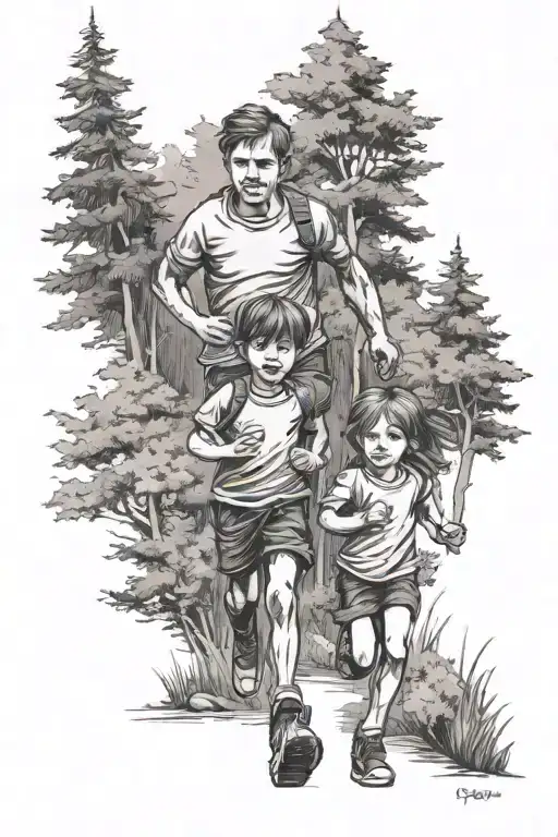 Young Son And Young Daughter Running In The Woods To Father