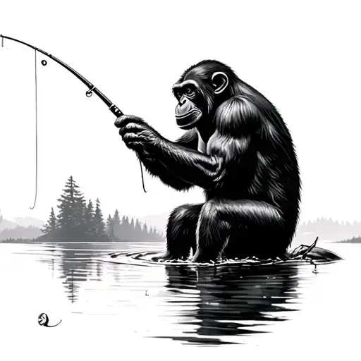 Chimpanzee Fishing On A Lake