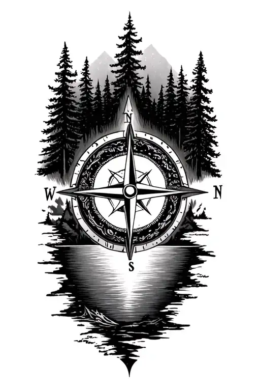 Detailed Compass Rose Surrounded By Forest On Top And Lake On Bottom