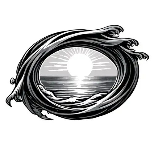 Oval Form With Waves That Go Around The Shape And With A Sunset In The Middle Of The Oval Shape