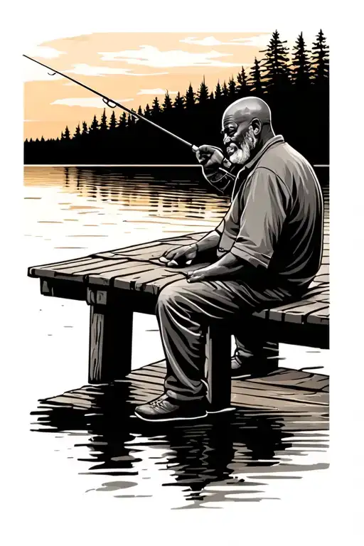 Old Bald Black Man Sitting On A Dock Fishing At Sunset
