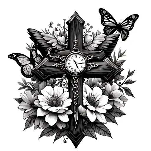 Cross Surrounded With Flowers And Compass And Pocket Watch And A Butterfly