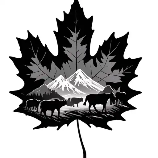 Maple Leaf With Mountains And Cows