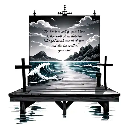 Bible Verse Tattoo With Waves In The Background And Crosses On A Fishing Dock
