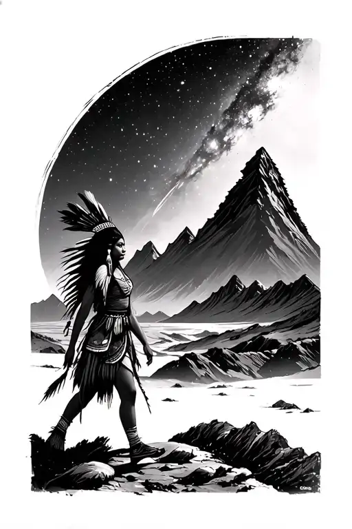 Native American Girl Walking Towards A Mountain With A Galaxy Scene Surrounding