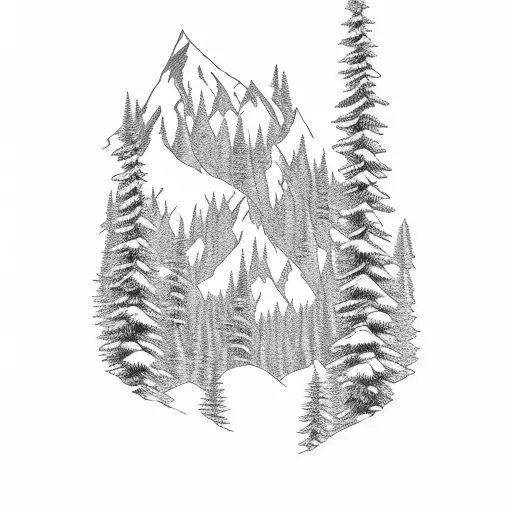 3 Mountain Peaks With Pine Trees And River