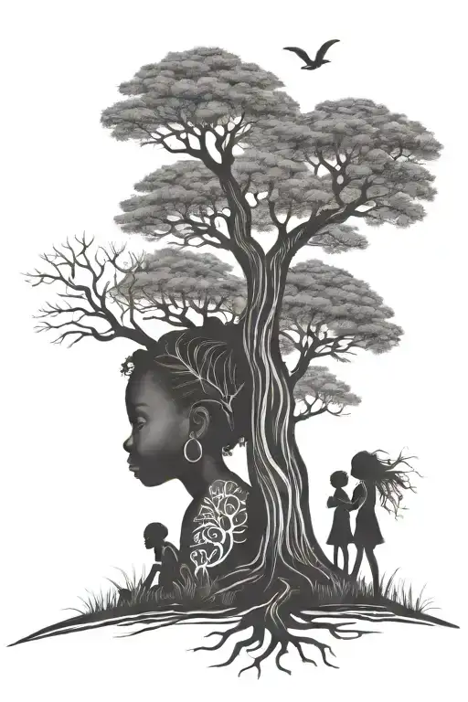 African Tree Silhouette With Little Girls Playing