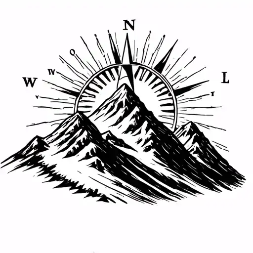 Mountain With Ski Slope And Compass Rose As Sun