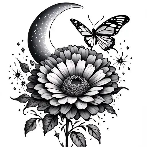 Marigold Flower With A Butterfly And Moon With Sparkles Around