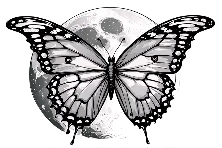 Butterfly Flying In Front Of The Moon With Celestial Elements