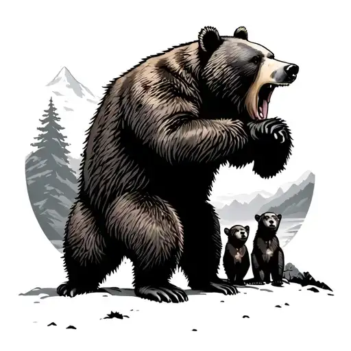 Bear Standing On Hind Legs On A Mountain Growling 1 Cub Between Her Legs