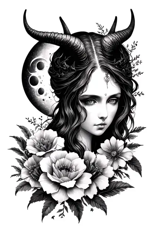 Horned Woman Face Surrounded By Flowers And Moon Phase