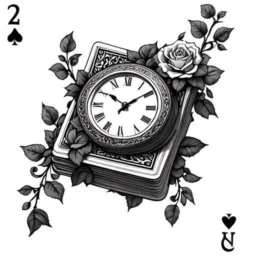 Deck Of Cards And A Clock With Vines And Roses Coming Out Of The Deck Of Cards