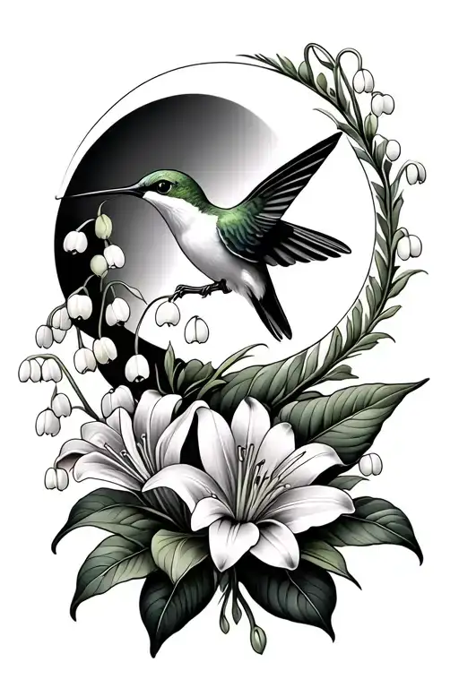 Humming Bird With Lily Of The Valley Flowers With Moon