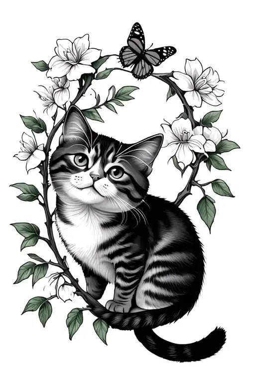 Cat Clinging Onto Flower Vine Happily With Butterfly On Nose