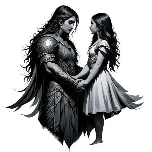 Warrior Protecting Daughter Holding Hands