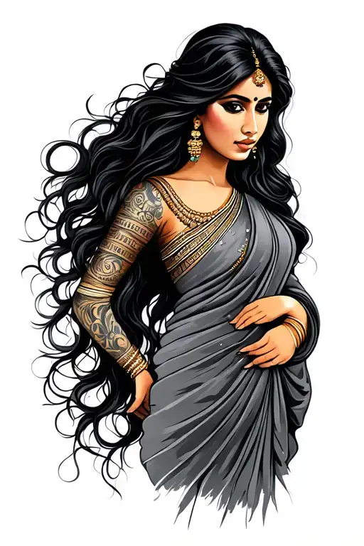 South Asian Woman With Long Black Hair Wearing Sari Modern