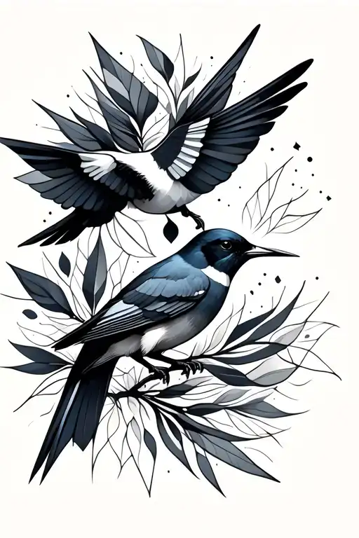 Geometric Magpie And Hummingbird With Abstract Lines