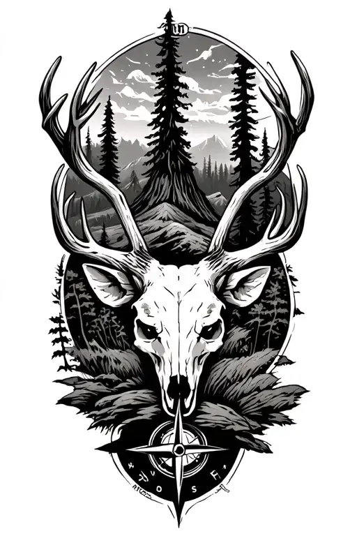 Forest Landscape Surrounded By Deer Skull With Compass