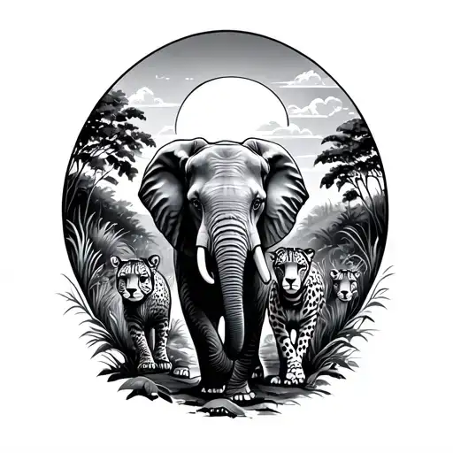 Elephant And Cheetah Walking Surrounded By Nature Scene