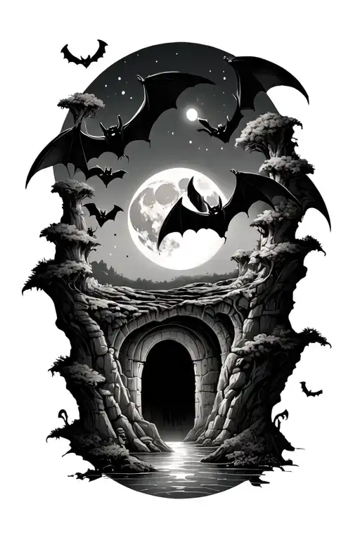 Bats And Caves With The Moon Surrounded