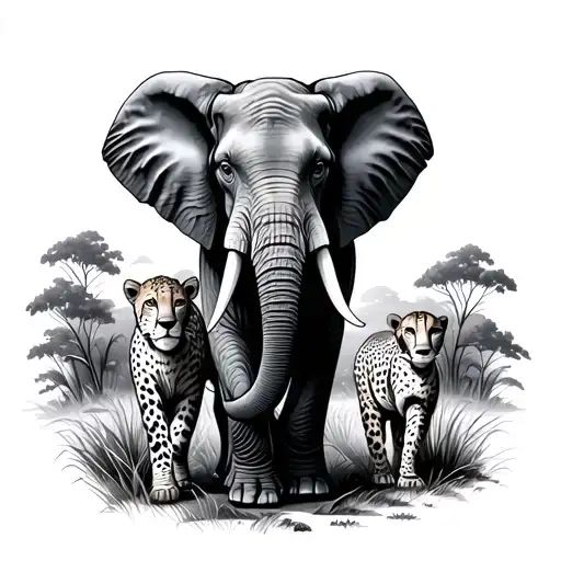 Elephant And Cheetah Walking Surrounded By Nature Scene