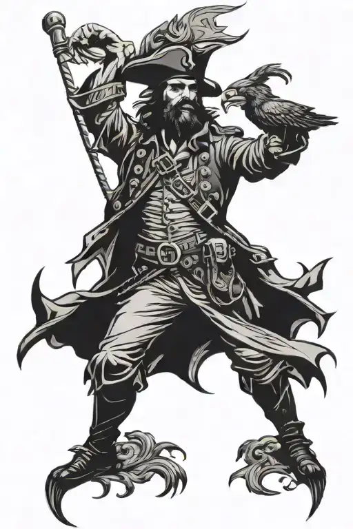 Pirate Captain Silhouette Standing On Ship Sailing With Eagle Head Flag