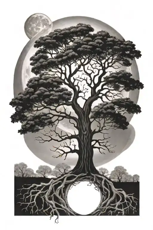 Phases Of The Moon Above An Oak Tree With Roots Reaching Deep