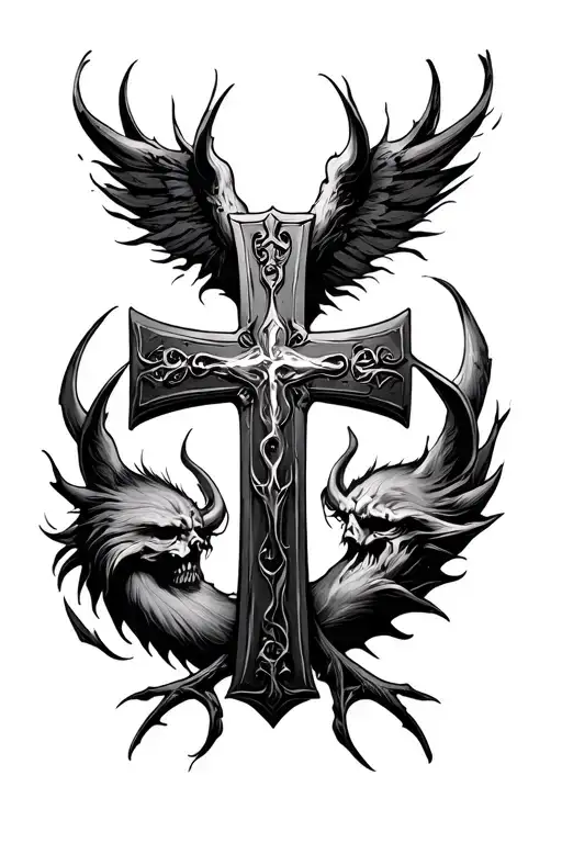 Christian Cross Good And Evil Tattoo Design
