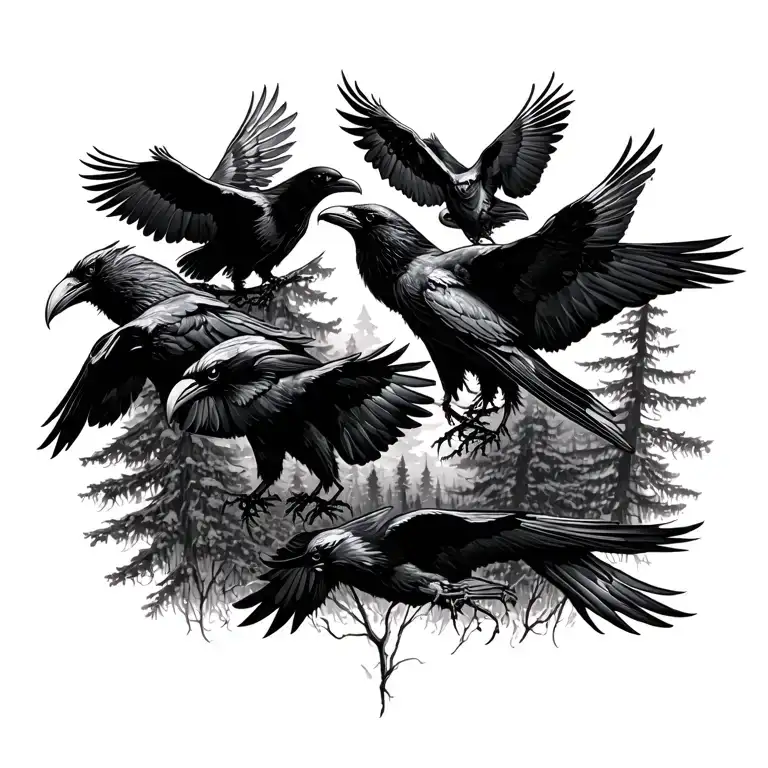 Flock Of Ravens In A Forest