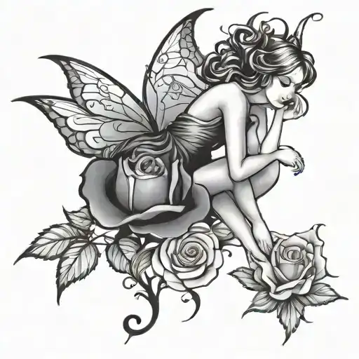 Fairy Leaning On The Stem Of A Rose