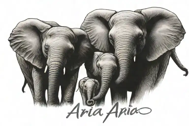 Baby And Mother Elephant In A Line With The Name Aria In Cursive Font