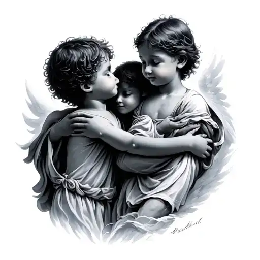 2 Kids With Arms Around Eachother While One Is Being Pulled Up To Heaven