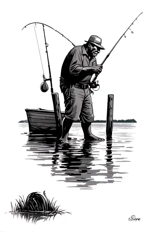 Old Bald Black Man Fishing On A Dock At Sunset