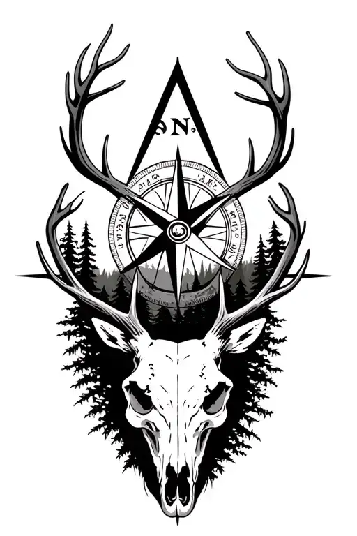 Detailed Compass Rose Surrounded By Deer Skull And Forest