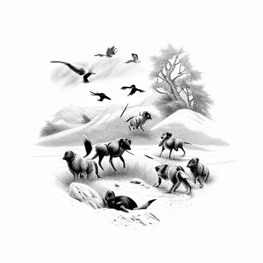 A Pack Of Hunting Dogs Chasing A Flock Of Birds In A Detailed Woodland Setting