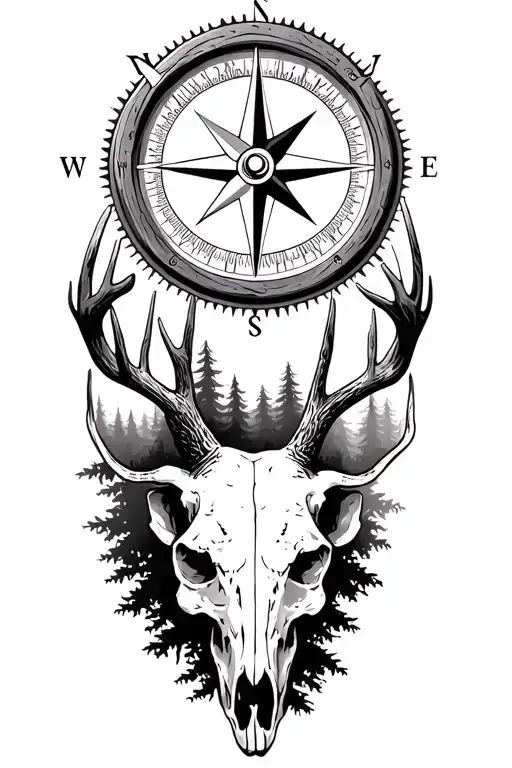 Detailed Compass Rose Surrounded By Deer Skull And Forest