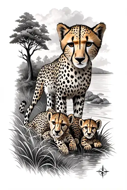 Cheetah Cubs Playing On Grass With Mama Cheetah River And Trees A Compass Ocean